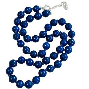 Blue lazuli Lapis Necklace natural round beads Knotted 925 Sterling silver 20"